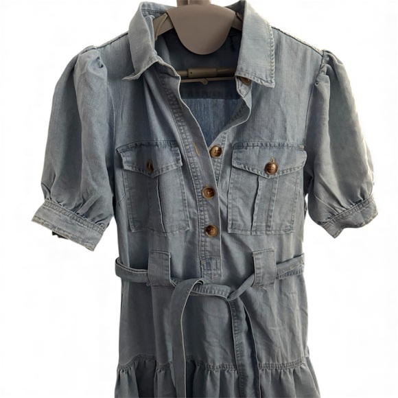 Elan Blue Denim Western Cowgirl Layered Maxi Belted Pocket Cotton Dress Small - Picture 7 of 9